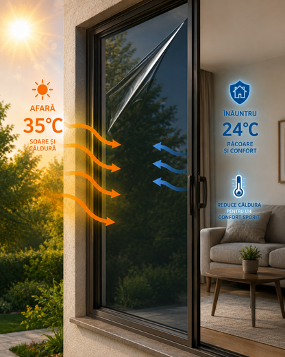 1+1 Bandă Solară pentru Geamuri cu Efect Oglindă+ Racletă și Kit Montaj