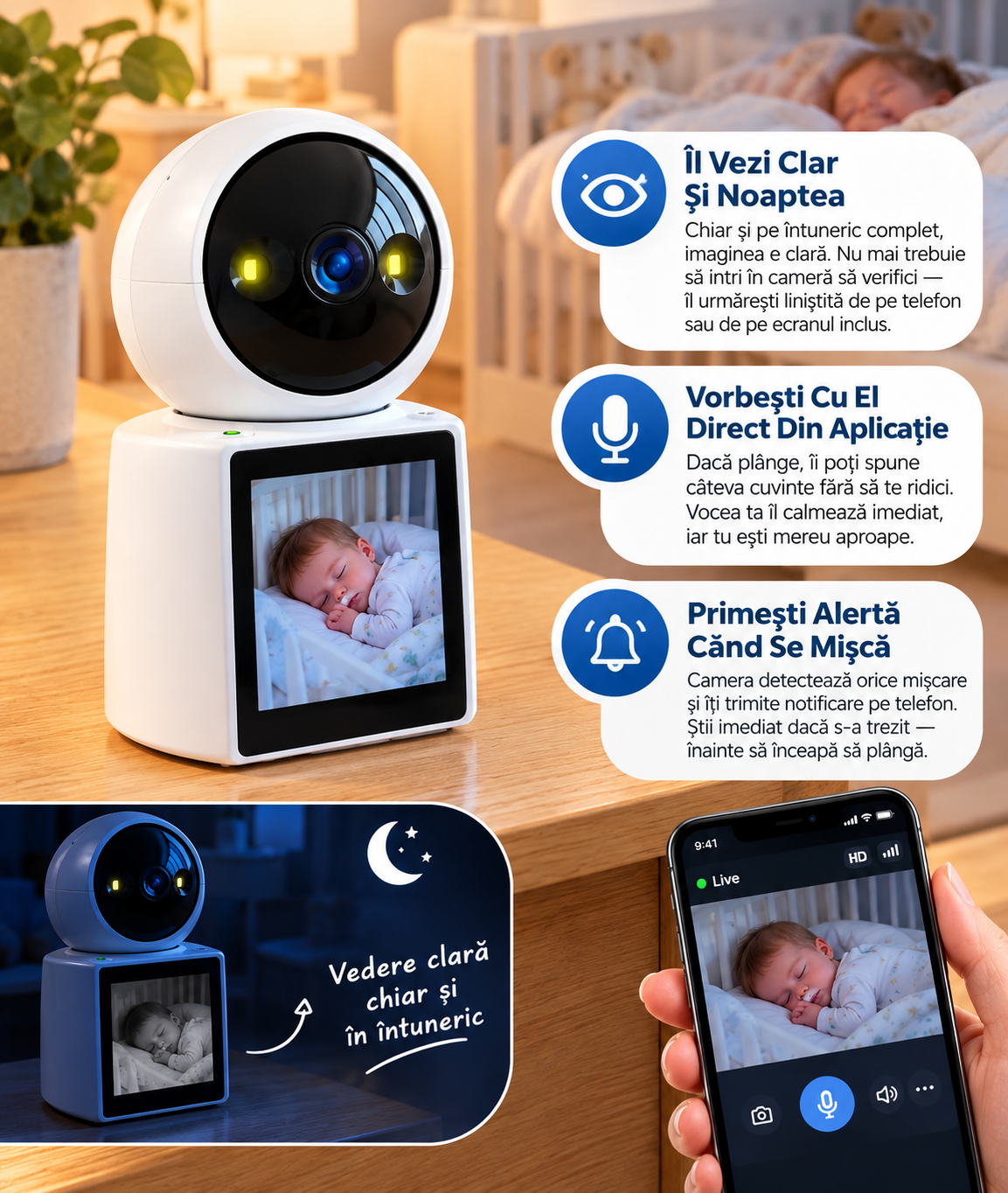 Cameră Smart Monitorizare Bebeluși-Vezi Ce Face Bebelușul Tău, Oricând
