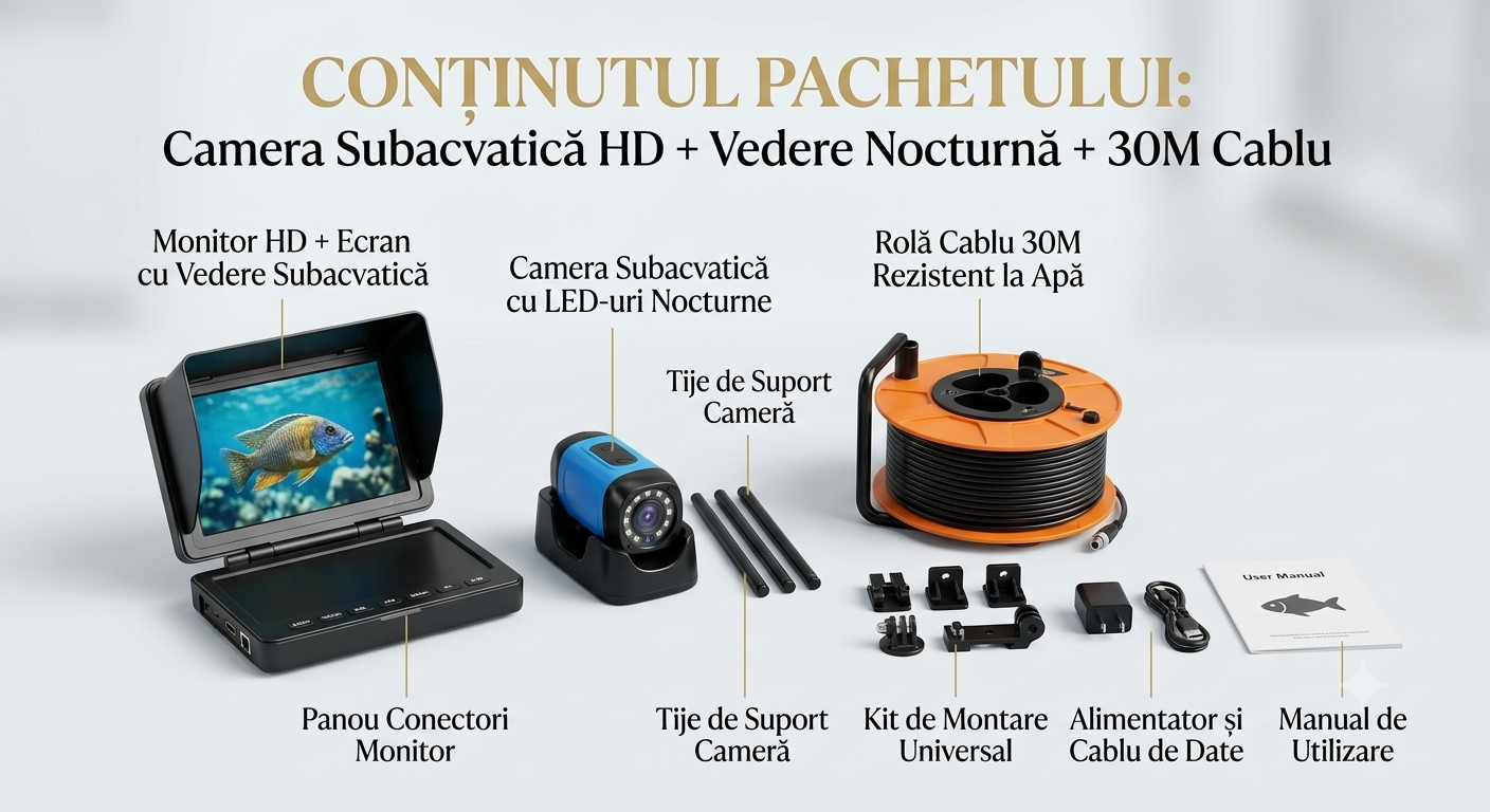 1+1 Camera Subacvatică HD pentru Pescuit + Vedere Nocturnă + Cablu 30M